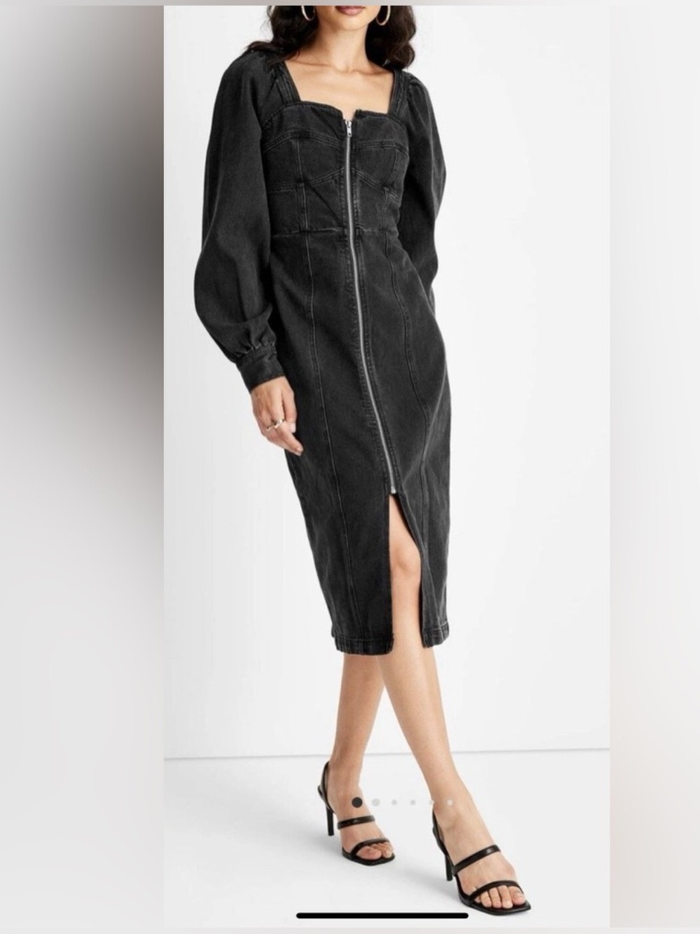 NWT Future Collective Kahlana Barfield Brown Puff Sleeve Black Denim Dress